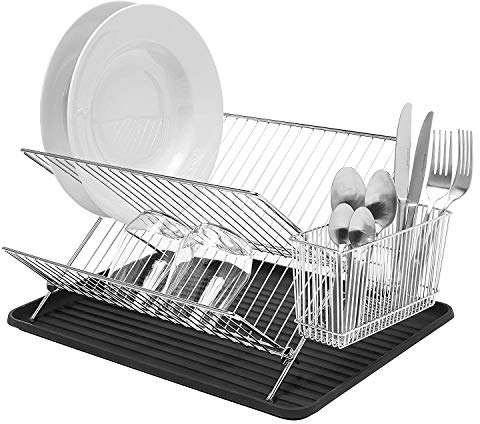 simplywire – Folding Dish Drainer – Plate Drying Rack with Cutlery Holder - Chrome