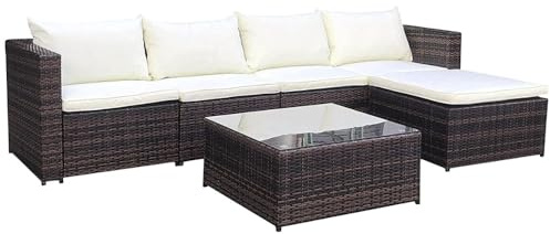 EVRE Miami Brown Outdoor Rattan Garden Furniture Set for Patio Conservatories with 5 seat Modular Sofa Glass Top Coffee Table Foot Stool Cushions and Fade Resistance