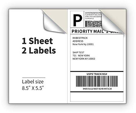 KKBESTPACK Half Sheet Shipping Labels for Laser and Inkjet Printers – 2 Per Page Self Adhesive Mailing Labels – White 8.5 x 5.5 (200 Labels) (2LP)