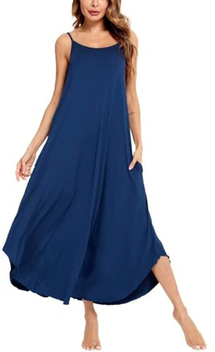 SWOMOG Women Long Nightgown Pyjama Dress Soft Strap Nightdress Summer Sleeveless Nightshirt Lounge Dress with Pockets