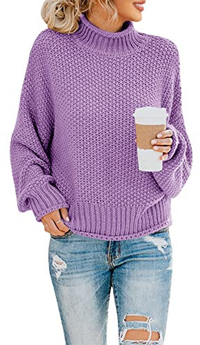 Saodimallsu Damen Rollkragen Oversized Pullover Fledermaus Langarm Pullover Sweatshirt Lose Grobstrick Casual Sweater Lila L