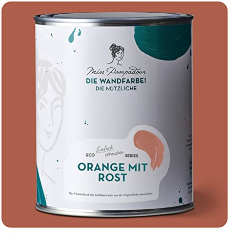 MissPompadour abwaschbare Wandfarbe Orange mit Rost 1L - hohe Deckkraft & Ergiebigkeit - matte, scheuerbeständige Innenfarbe - geruchsarm, wasserbasiert, atmungsaktiv - Die Nützliche