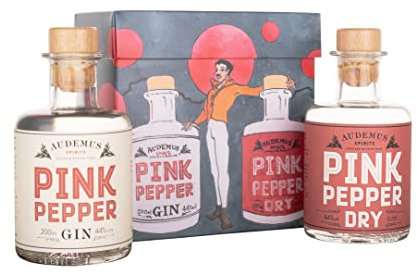 Audemus Pink Pepper Gin Gift Set 2 x 200ml bottles, Original and Dry Pink Pepper Gins, with Spicy Pink Peppercorn, Cardamom, and Honey, Perfect in Cocktails or Sipped Neat, G&T, and Dry Martinis