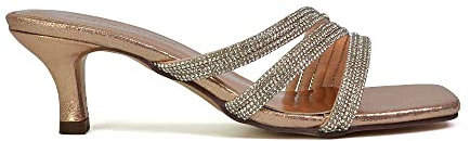 Womens Low Kitten Heel Sandals Ladies Diamante Straps Slip On Sparkly Rose Gold Party Shoes Size 5
