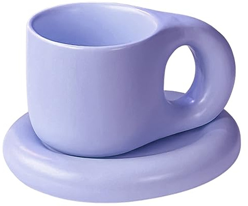 Cusmation Taza de café divertida con platillo, taza de café morada, bonita taza de cerámica para oficina y hogar, tazas creativas de 10 onzas para café con leche, té moca