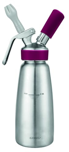 GOBEL - Sifone da cucina professionale in acciaio inox, sifone chantilly serbatoio e testa in acciaio inox, 0,5 l, qualità professionale, fornito con 3 boccole premium in acciaio inox e spazzola per