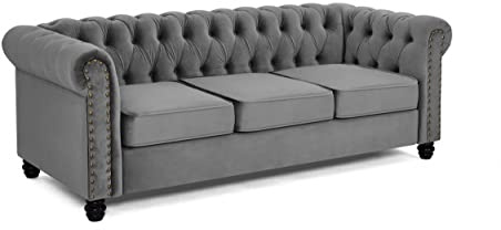 Home Detail Chesterfield Studded 3-Seater Sofa, Grey Velvet | 2 Seater or 3 Seater Available, Fabric Sofa, Available in Blue, Black, Green, Gold