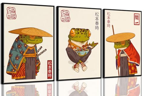 Matsumoto Hoji Wandkunst, japanischer Frosch, Vintage-Stil, niedlich, lustig, Samurai-Frosch, Poster und Drucke, eklektische Tier-Leinwand-Wanddekoration (grün, 40,6 x 61 cm, ungerahmt)