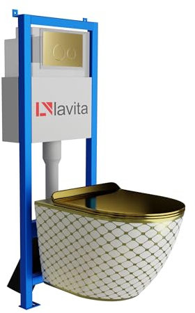 Lavita LAV 101 Élément mural pour WC 40 cm + évier mural suspendu SOFI SLIM CHECKED GOLD sans bord + panneau de commande LAV 200.4.5 doré | Kit complet | Réservoir de chasse encastré | WC complet