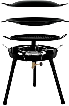 Gas Bullet ® Gasgrill mit Pfanne & Wok | für Schraubgaskartuschen | Auseinanderschraubbar | Campinggrill, Party-Grill für Camping, Festivals & Outdoor (Gaskocher + 12 Kartuschen)