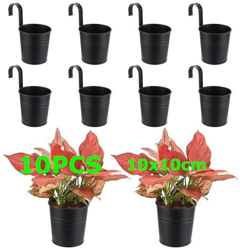 SHUESS Set di 10 vasi da fiori sospesi in metallo nero – vasi da fiori da appendere con gancio, vasi da appendere per piante all'aperto e balcone, vaso da fiori da appendere con foro di drenaggio