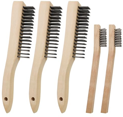 MIPIACE 5 Pieces Brosse Metallique a Main Acier Inoxydable Brosse Métallique avec Manche en Bois pour Nettoyage Enlever La Rouille La Corrosion et Les Surfaces de Frottement 3 Grandes + 2 Petites