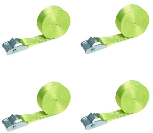 Set di 4 cinghie di tensione da 4 m, con chiusura a morsetto, colore giallo, cinghia di fissaggio a sgancio rapido, larghezza 25 mm, cinghia di bloccaggio monopezzo, 350 daN