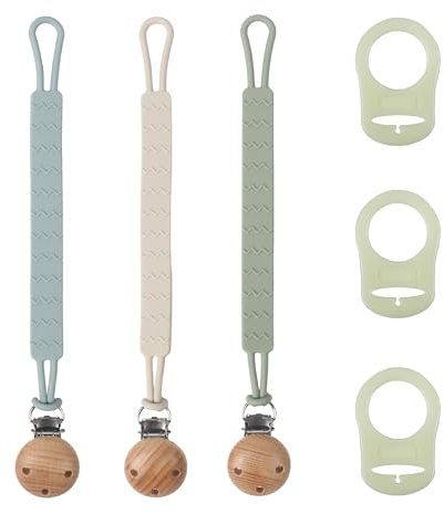 3 Stück Schnullerkette Silikon, Flexible Schnullerband im Einteiligen Design, Langlebig Schnullerketten mit Schnullerclip Holz und Silikonring für Schnullerkette, für Mädchen und Junge