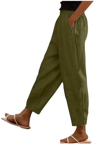 RLEHJN Cotton Linen Trouser Women UK Clearance Solid Color Elasticated Waist Trousers Ladies Summer Lounge Pants Plain Loose Fit Full Length Pants Casual Straight Leg Bottoms with Pockets