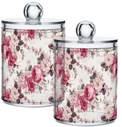 CHIFIGNO Dispensador de flores rosas vintage Qtip, paquete de 2 tarros de boticario con tapas, recipientes de almacenamiento de baño para bolas de algodón, hisopo de algodón, almohadillas redondas de