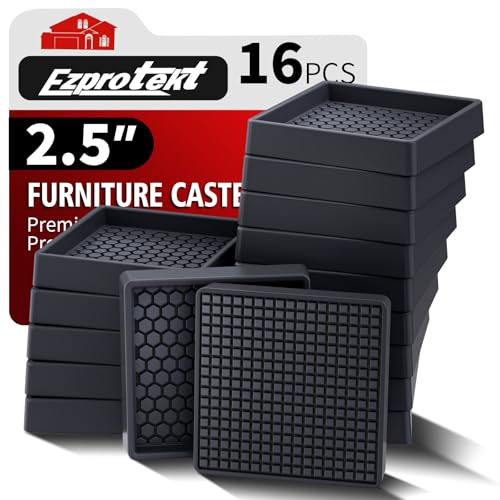 Furniture Coasters 2.5*2.5 Non Slip Furniture Pads for Hardwoods Floors, 16 PCS Round Rubber Non Skid Furniture Caster Cups, Anti Slide Furniture Feet Floor Protectors for Bed Couch Stoppers (Black)