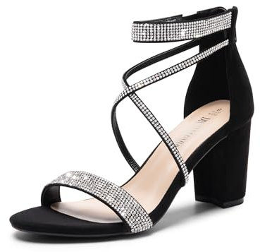 DREAM PAIRS Women's Heels Chunk Low Heel Pump Sandals Ankle Strappy Dress Heeled Sandals for Wedding Evening,Size 6.5,Black-Suede,SDHS2499W