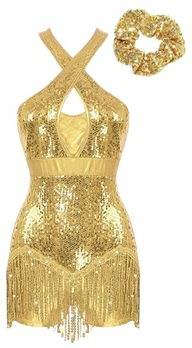 Alvivi Maillot Lentejuelas de Baile Latino con Flecos y Diadema para Mujer Leotardo de Danza sin Espalada Mono de Patinaje Artístico Tango Rumba Cha cha S-XXL