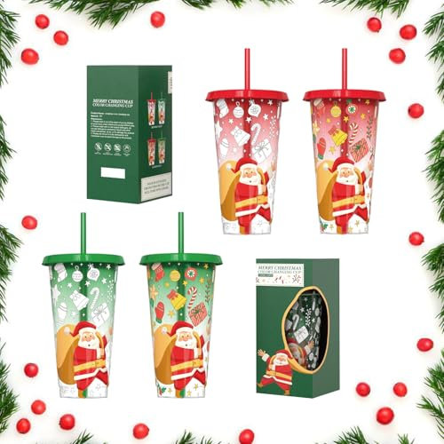 Toyhood Lot de 4 gobelets de Noël réutilisables à changement de couleur avec couvercle et paille - Tasse à café glacé en plastique à l'eau froide pour enfants et adultes