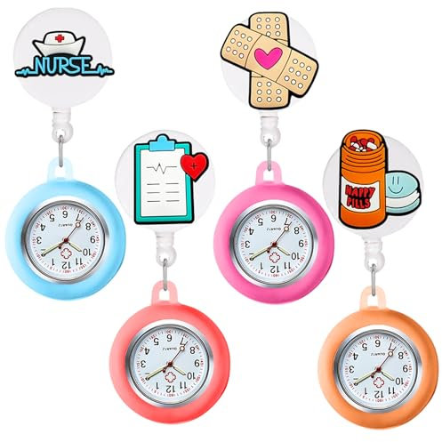 4 Stück Krankenschwester Uhr, Niedliche Schwesternuhr Mit Clip für Damen Mädchen, Schwesternuhr Ansteckuhr Fob Tragbar Schwesternuhr Geschenk Für ärzte Krankenschwestern Sanitäter Krankenpfleger