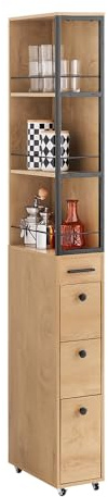 SoBuy Carrello Cucina con Ruote – Carrello Salvaspazio Multiuso con 3 Cassetti e 3 Ripiani, per Cucina, Bagno o Soggiorno, Design in Legno Naturale e Metallo Nero, 20x40x170 cm, Modello NSR13-N