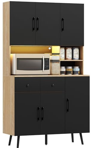 HOMCOM Alacena de Cocina Alta con Luces LED RGB Controlable por App Mueble Auxiliar de Cocina con 6 Puertas 2 Cajones Encimera Estantes Ajustables y Orificio para Cables Negro y Roble 100x40x176 cm