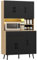 HOMCOM Alacena de Cocina Alta con Luces LED RGB Mueble Auxiliar de Cocina con 6 Puertas 2 Cajones Encimera y Orificio para Cables Estilo Moderno Negro y Roble 100x40x176 cm