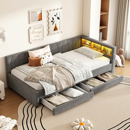 LAKFEW Schlafsofa Kinderbett 90x200 mit LED-Licht und USB-Buchse, Schlafcouch Bett mit Stauraum Schubladen, Tagesbett mit Lattenrost, Schlafzimmer Möbel, Ohne Matratze, Linen, Grau