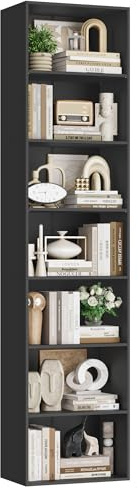 FirFurd 220cm Tall Bookcase 7 Tiers Slim Bookshelf Free Standing Wooden Book Shelf with Adjustable Shelves Cube Storage Shelving Unit for Living Room Home Office Black 48x30x220cm