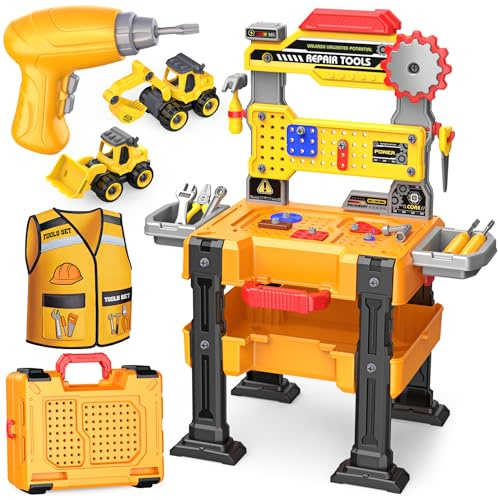 Giocattoli per Bambini Maschi 3-5 Anni: Banco da Lavoro con Trapano Elettrico Realistico, Veicoli da Costruzione Smontabili e Costume, Giochi Imitazione Educativi, Regalo Compleanno per Bambini