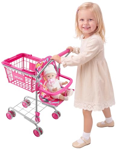 VEVOR Carrello della Spesa Giocattolo per Bambini dai 3 Anni, Carrello Supermercato Giocattolo, Telaio Robusto in Metallo, Sedile per Bambole, 4 Ruote Scorrevoli, Cestino a Rete, Facile da Riporre