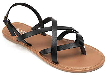 Colgo Women's Summer Strappy Flat Sandals, Adjustable Casual Fisherman Sandal with Open Toe Slingback Gladiator Sandals (9,Black)