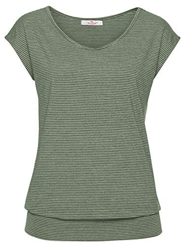 ELFIN Maliette Donna Maniche Corte Estiva T-Shirt Girocollo Elegant Tee a Righe Maglietta Blusa Maglia Primavera Verde M