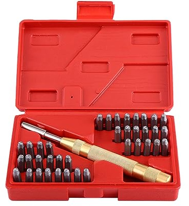 Juego de Punzones para Números de Letras de 38 Piezas Juego de Herramientas para Estampado de Números de Letras Automático Juego de Sellos de Metal para Plásticos Marca de Cuero