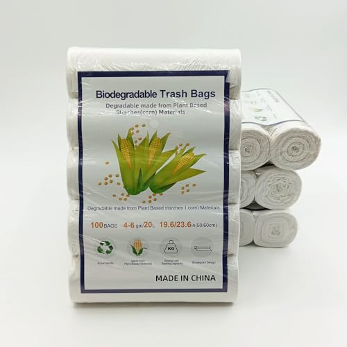 500 bolsas de basura biodegradables, 2.6 galones/10 l, 45 x 50 cm, bolsas de basura de almidón de plantas, bolsas de basura fuertes recicladas, color blanco (blanco-4GAL-400 piezas)