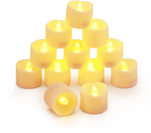 OQIMAX LED Candle Lights with Timer, 12 Pcs Battery Tea Light Candles, 1.4*1.25in Warm White Flameless Flickering LED Candle Lights, Long Lasting for Wedding, Home, Festival Decor (Batteries Included)