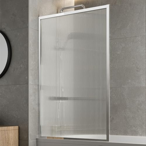 LUXURA® Chrome Square Framed Fluted Over Bath Shower Screen 6mm Toughened Safety Glass Panels 800mm Bathroom Reversible Screen