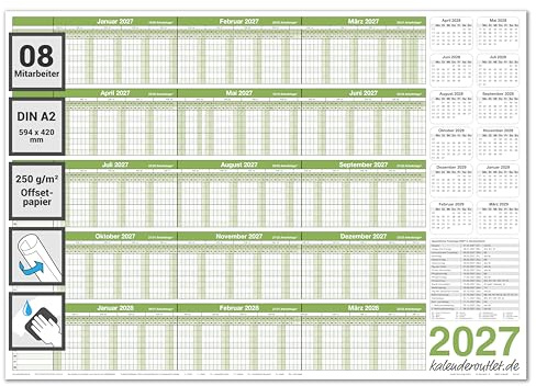 Kalenderoutlet Personalplaner 2027 Din A2, Urlaubsplaner 2027/28 feucht abwischbar 59,4x42,0cm für bis zu 8 Mitarbeiter grün gerollt geliefert
