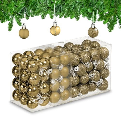 Relaxdays Set 96 Bolas Árbol Navidad, Bolitas Navideñas Brillantes, con Purpurina y Mate, Adornos de Plástico, Dorado