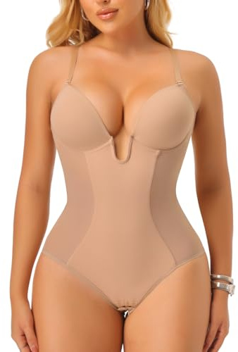 Joyshaper Women Backless Shapewear Bodysuit U Plunge Shaping Body Shaper Built in Bra Briefs Tummy Control Push Up Underwear Beige,S