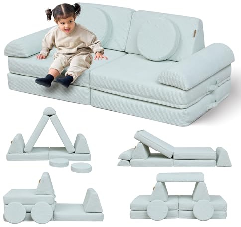 Tutti Bambini Playrama 10 Piece Modular Kids Corduroy Play Sofa - Mist | 10-piece modular play couch with washable covers, endless configurations for play, lounging and relaxing
