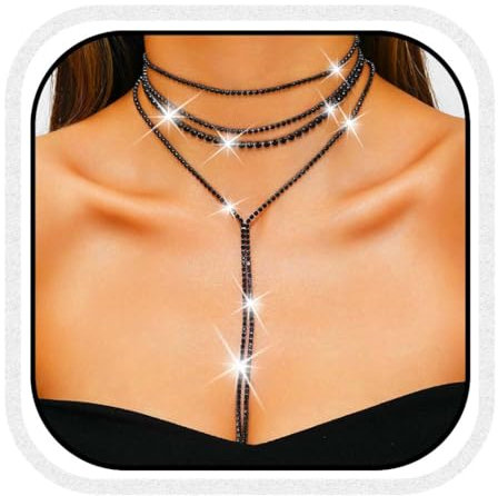 Reaky Strass-Halsketten, silberfarbene mehrreihige Halskette, Kristall-Halskette, Ketten, Hochzeits-Accessoires für Damen (Schwarz)