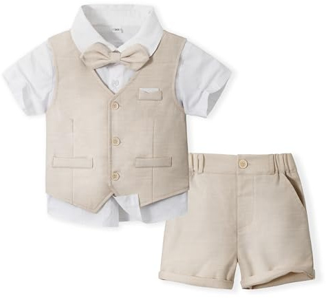Volunboy Bébé Garçon Ensemble Costume, Mariage d'été 4 Pièces Ensemble à Manches Courtes de Gilet, Court, Chemise（4-5 ans,Beige,Taille 120）