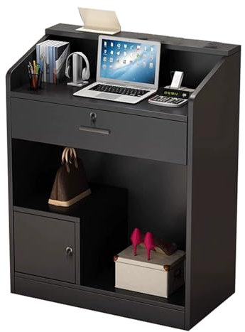 Empfangstheke mit abschließbaren Schubladen & Schrank, Rezeption in schwarz, Empfangstresen, Bürotheke, für Firmenhallen, Hotelrezeptionen, Bekleidungsgeschäften, Konditoreien, Obstgeschäften