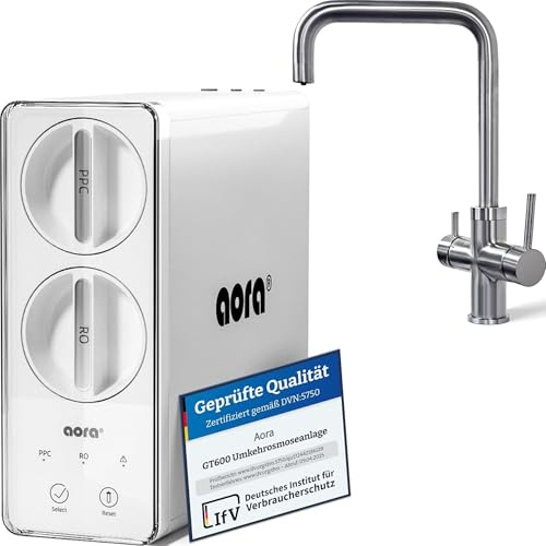 aora Sistema de ósmosis inversa GT600 + accesorio de acero inoxidable de 3 vías sin taladrar: filtro de agua por ósmosis con filtración de 8 etapas y cambio de filtro en 3 segundos – Mesa inferior