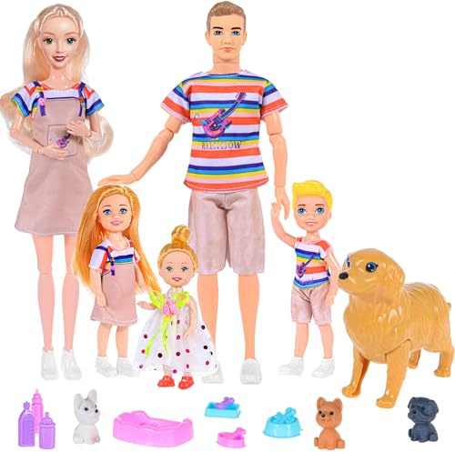 Family Dolls Set of 6 People with Dollhouse Dog Pets and Accessories Included 11.5 Inch Pregnant Mum, Dad, 3 Children and One Baby in Mama's Belly for 3-12 Years Toddlers Gift
