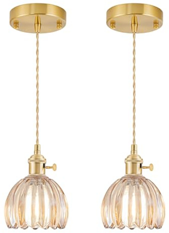 GMTB Mini Pendant Lights Kitchen Island 2 Pack, Small Adjustable Pendant Light Fixture with Amber Tulip Glass Lampshade, Vintage Gold Pendant Lighting, Pendant Light for Bedroom Dining Room Hallway