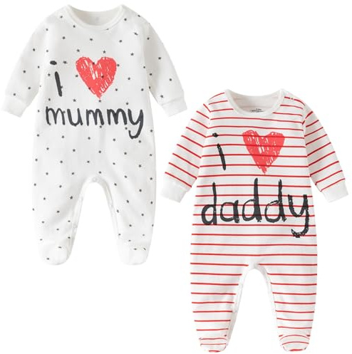 Vaggvisa lager unisex baby sovdräkter 2-pack – I Love Mummy & Daddy bomullsbyxdress – nyfödd till 24 månader baby bodysuits för pojkar och flickor