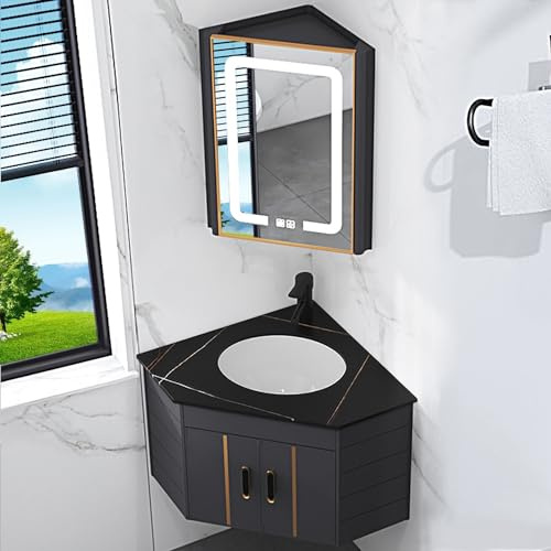 Tocador de baño esquinero con fregadero y espejo LED antivaho, lavabo de pared para ahorrar espacio y elegante solución para el hogar, cocina y lavandería